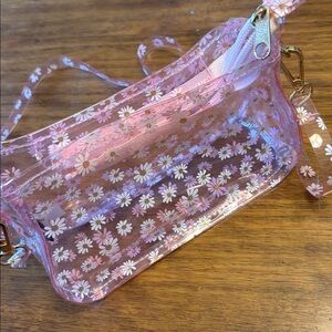 Capelli New York girls/ teens clear pink white daisy with gold pvc purse.